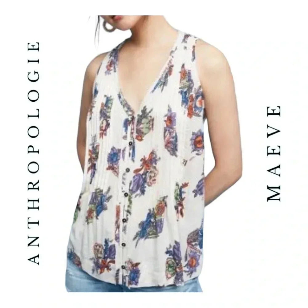1402. ANTHROPOLOGIE MAEVE PINTUCK SLEEVELESS TANK TOP XSMALL FLORAL PATTERN